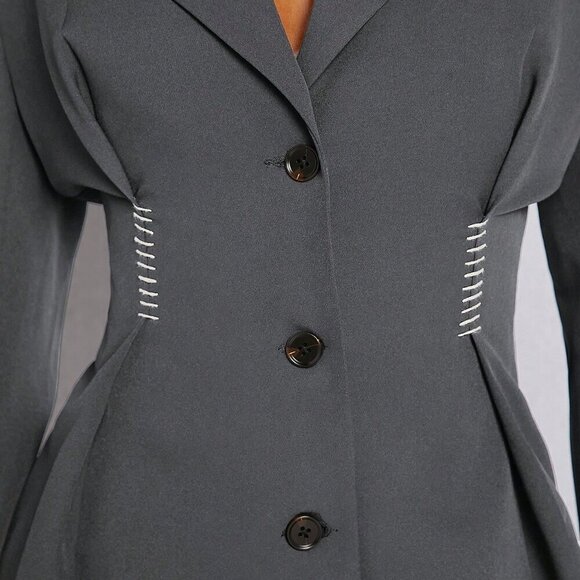 Grey Elegant Women's Padded Shoulder Pleated Flare Hem Oversized Blazer - Picture 5 of 5